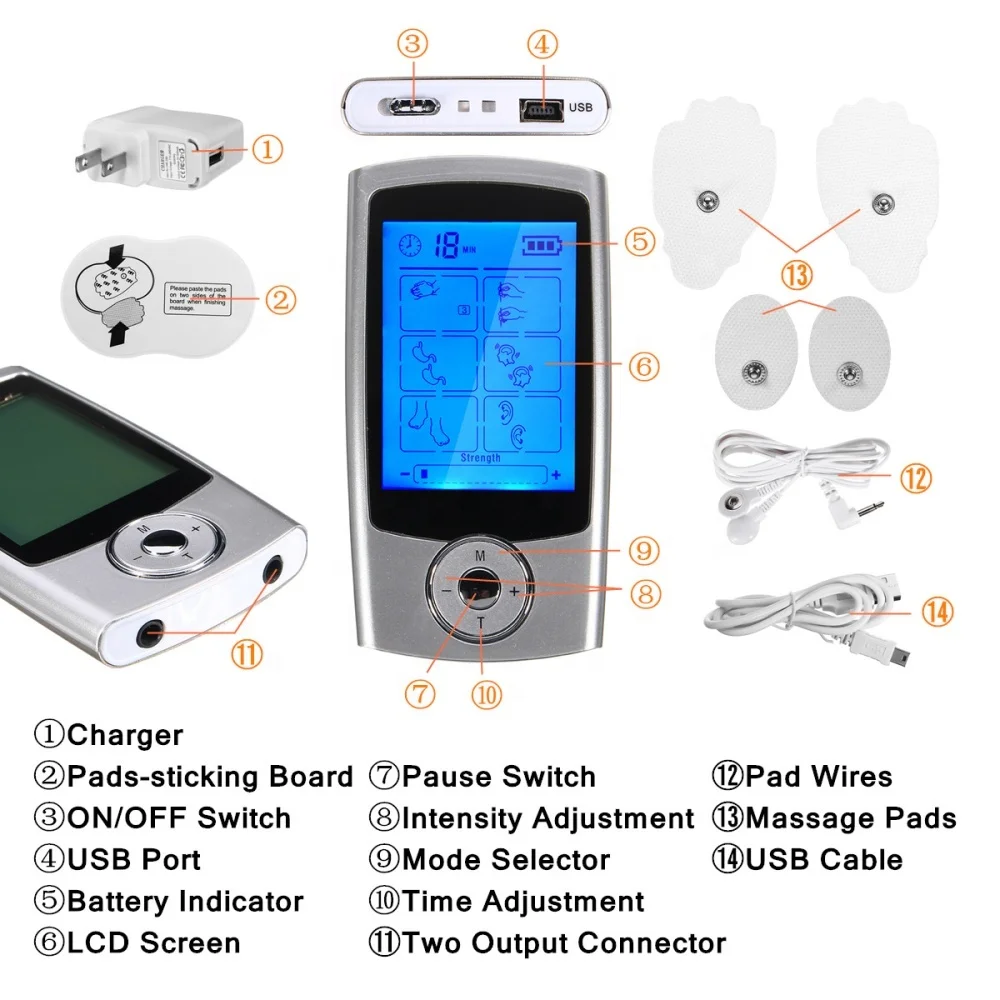EMS Muscle Stimulator Massager Trainer Electric Dual Channel Output Electrical Nerve Digital Therapy TENS Pain Relief Pad