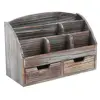 2019 Distressed Brown Wood Desk Organizer, 6 Compartment 2 Drawer Supplies Rack