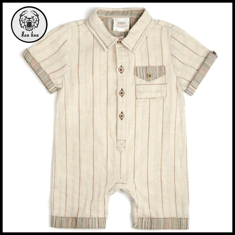 Cute Short Sleeve Beige Vintage Stripe Linen Striped Baby Romper for Kids