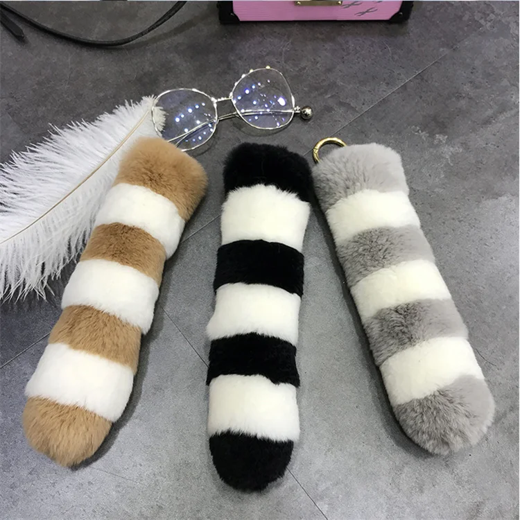 Large Real Rex Rabbit Fur Tail keychain Fur Tassel Car Key ring Bag Charm Tag Pompom Keychain Fashion Stripe Tail