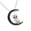 Lovely Design Black White Crystal Owl On Moon Pendant Necklace