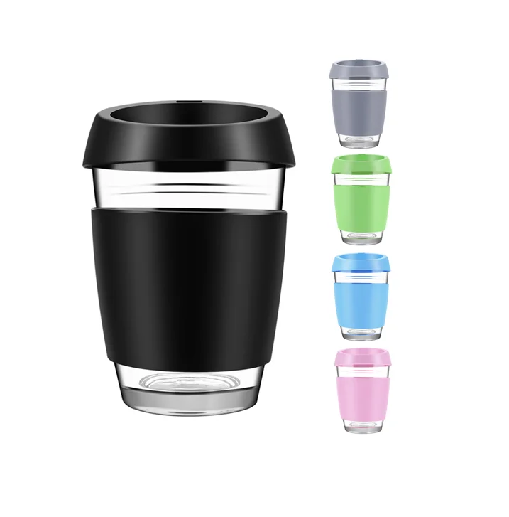 

Amazon Hot Selling Customize Logo Reusable Glass Coffee Cups With Silicone Sleeve Borosilicate Glass Coffee Mugs, Custom