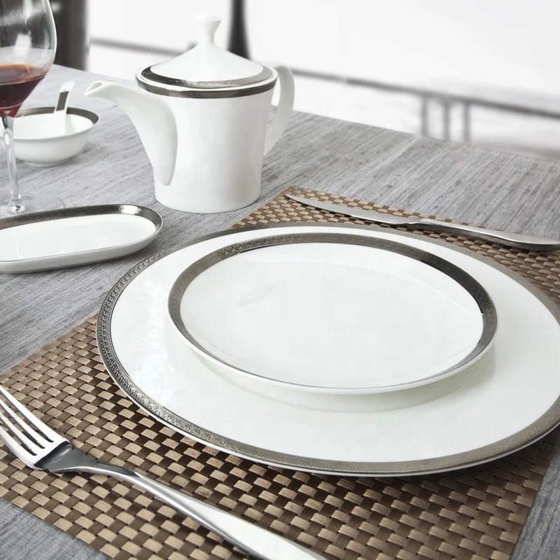 Luxury European Style Tourist Resort Wedding Sliver Decal Fine Bone china Dinner set
Luxury European Style Tourist Resort Wedding Sliver Decal Fine Bone china Dinner set