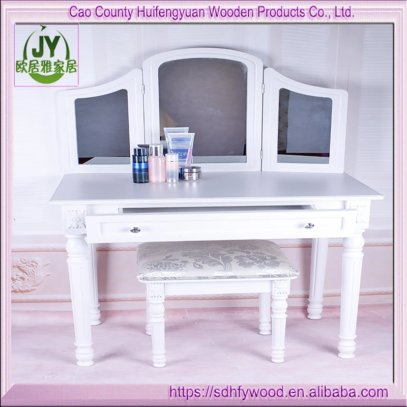 Wooden Makeup Table Dressing Table Vanity Table 1 Drawer 3 Mirrors White Wood Classic Style Bedroom