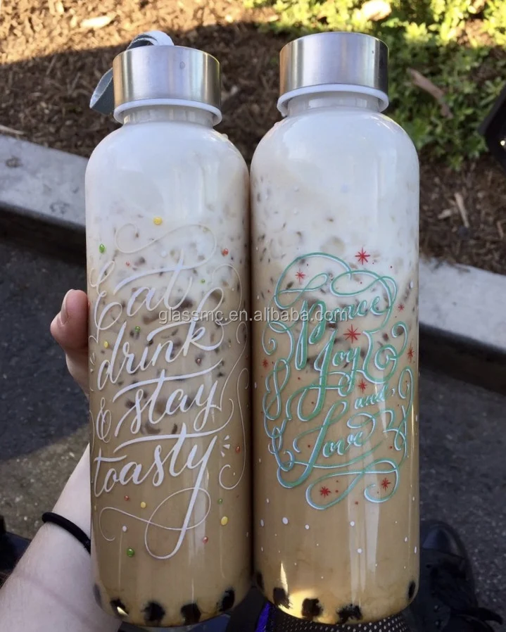 2018 new product boba tea glass water bottle with stainless steel cap and customised print 500ml