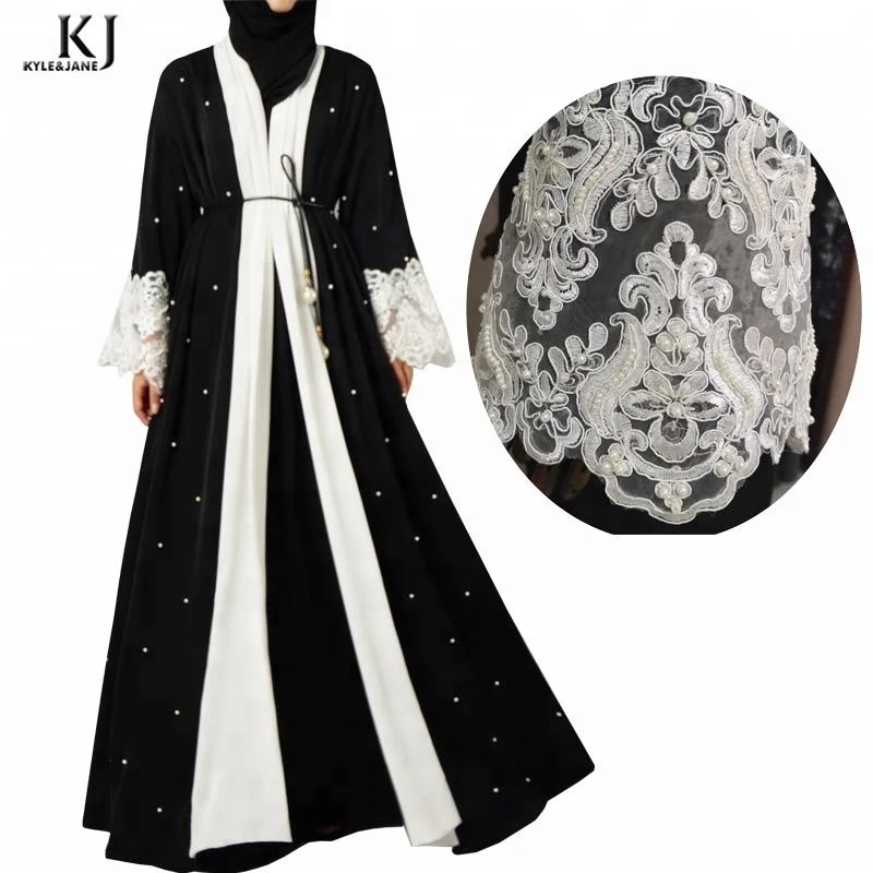 

2019 Fashion pear with lace and batwing sleeve front open beading kimono muslim dress latest design women black new abaya