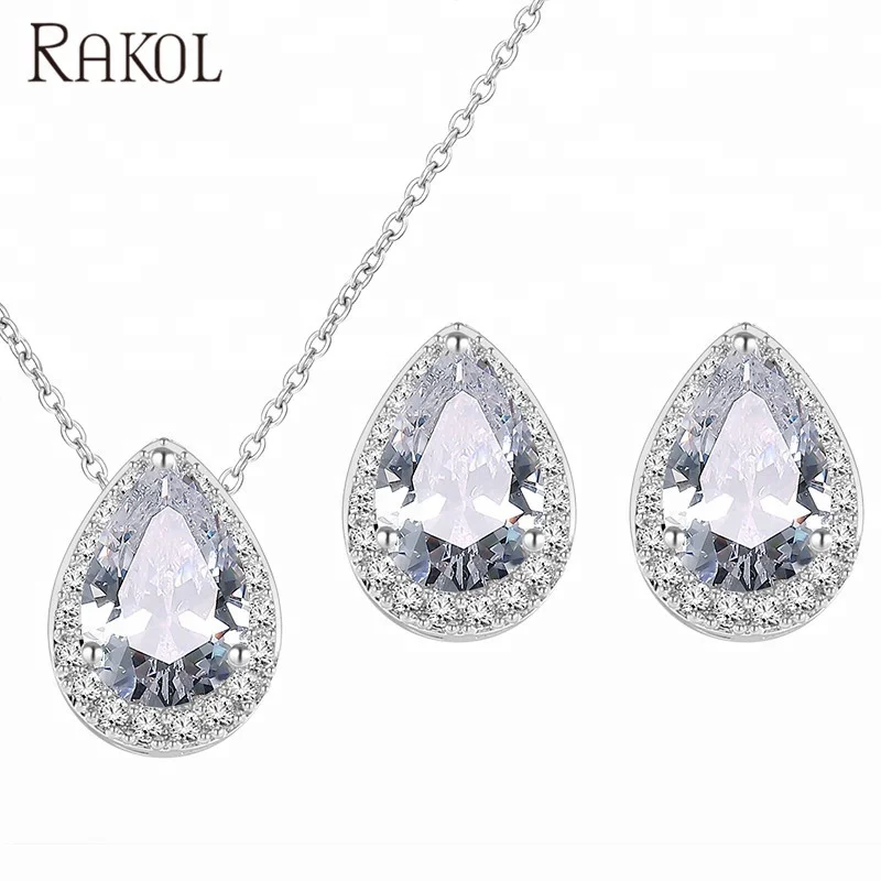 

RAKOL S267 Hot Sales AAA Cubic Zirconia Water Shape Earrings Chain Necklace Jewelry set S267, As picture