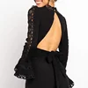 Black Long Sleeve Women Lace Top Casual high-Neck Ruffle Neck Lace Insert Pleated Cuff Top Women Black Blouse