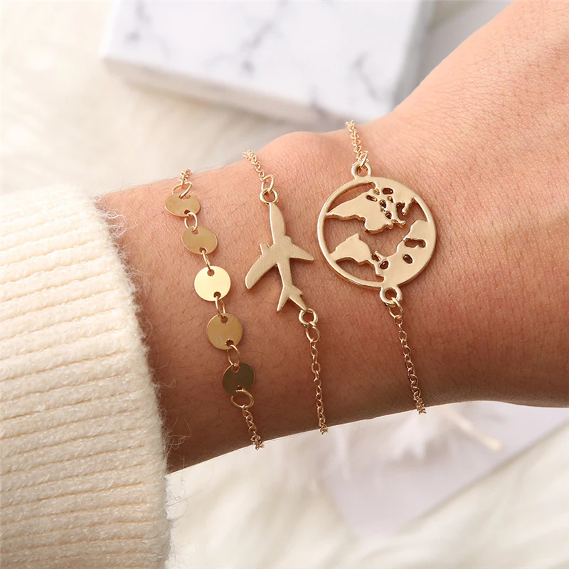 

Fashion 18k gold airplane world map 3 piece set charm bracelet