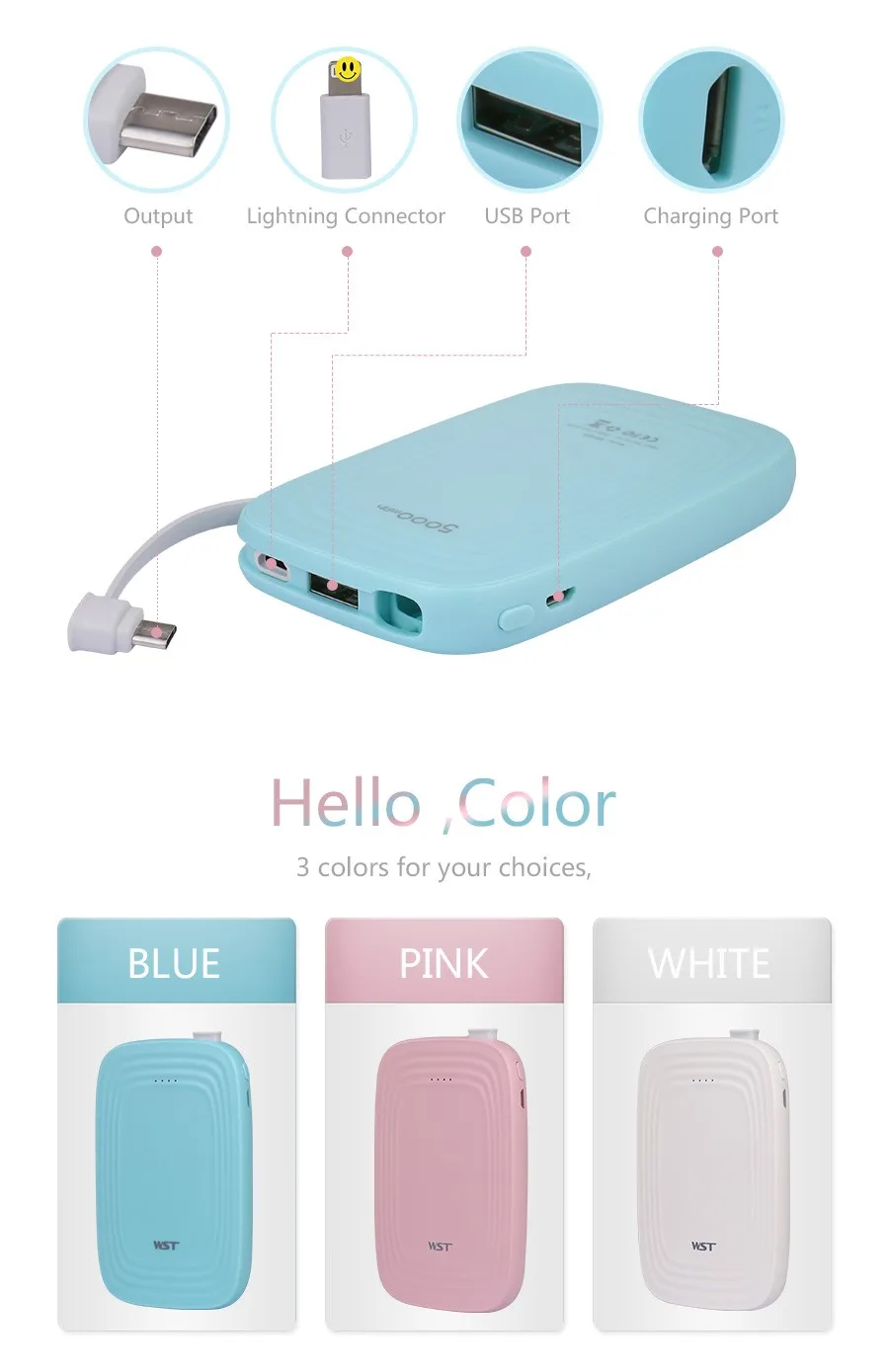 Custom logo promotion gift white single USB external built-in cable portable powerbank 5000 mah - ANKUX.COM