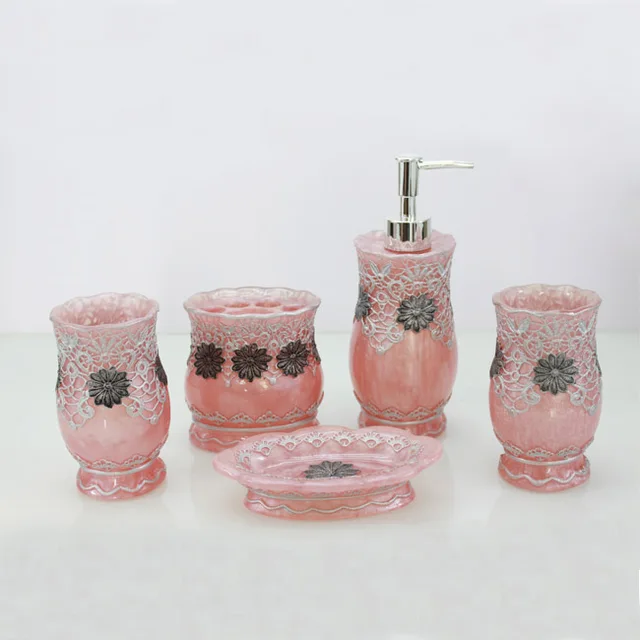 pink body and white pattern polyresin bath accessories bathroom