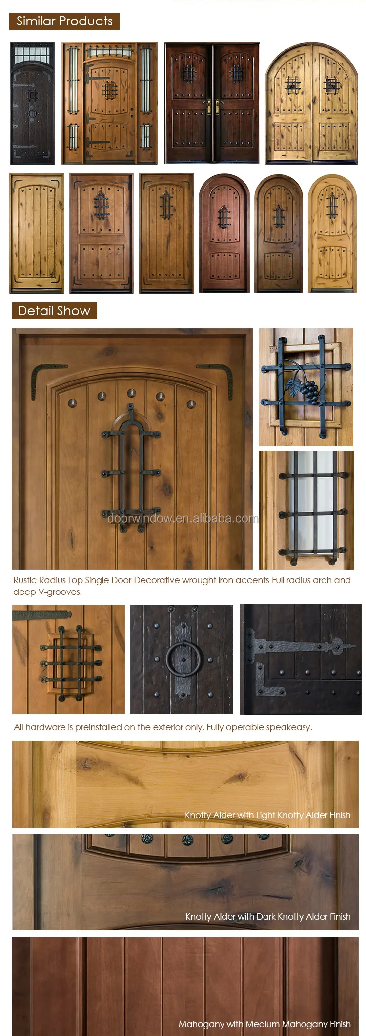 Church gate style design exterior wood front doors with top carving glass entry door with side lite rustic door