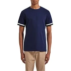 mens plain clothing blue O neck stripe cuff short sleeve t-shirt