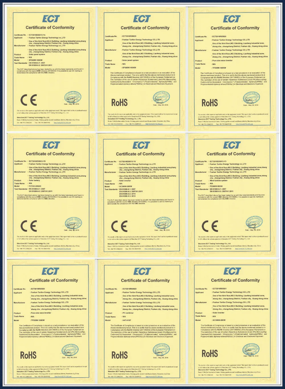 Tanfon Solar Products Certificates