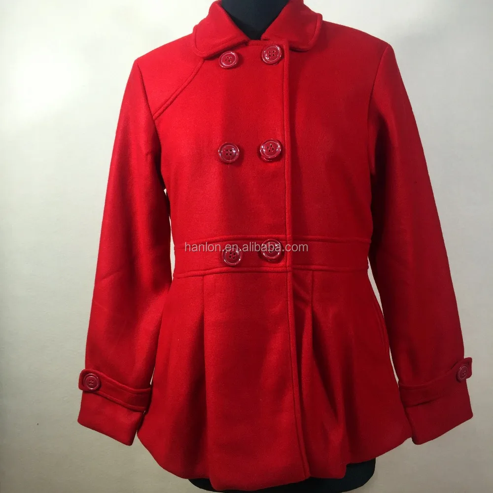 Red color button closure small lapel baby-doll dress melton coat for women
