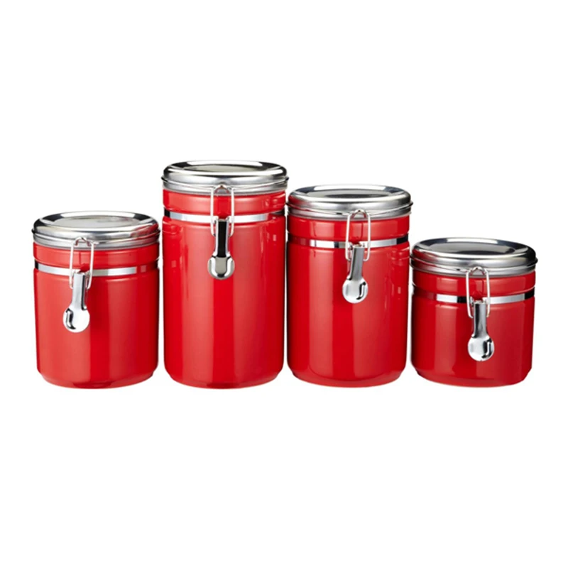 Red porcelain set of 4 airtight coffee canister for coffee tea candy flour