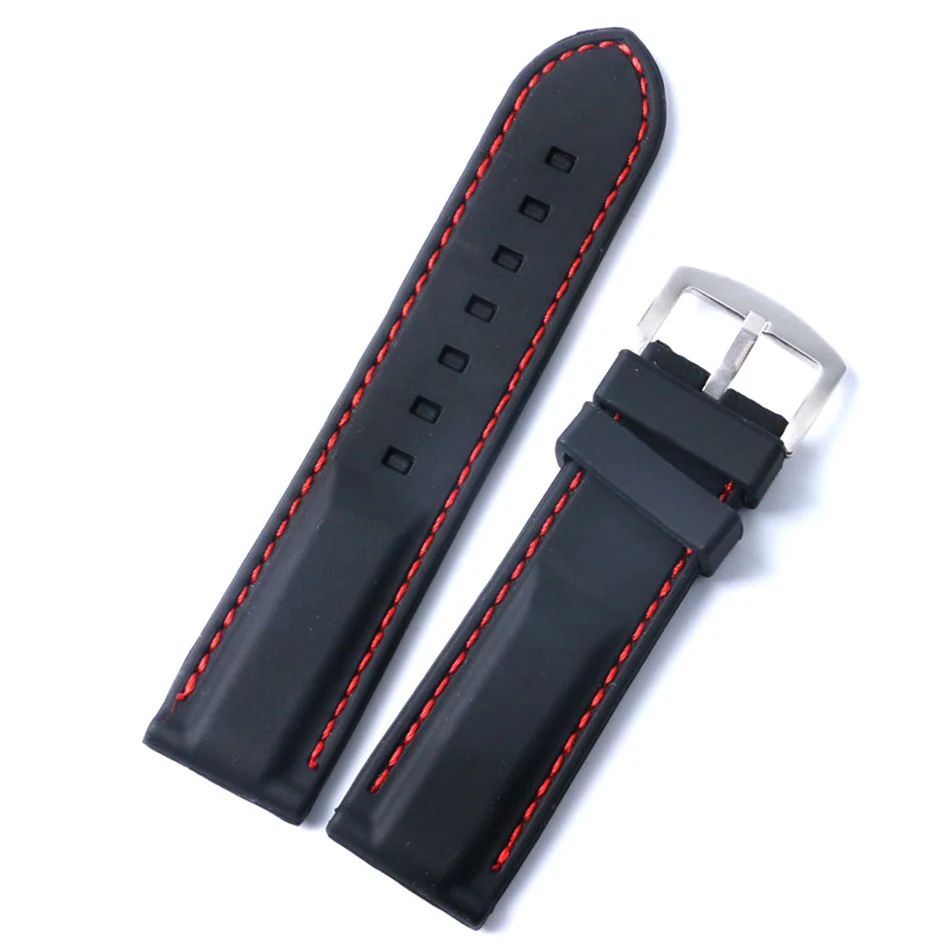 22MM 24MM Watchband Military Bracelet Ourdoor Red Line Stitching Sport Rubber Black Silicone Soft Waterproof Watch Strap Band  (13)