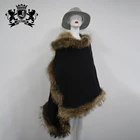 Fashion Shawl With Good Quality Mink Fur Trim Real Raccoon Fur Poncho