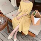 High Quality Korean Ins Style Ginger Button Half Sleeve Long Summer Vacation Dress