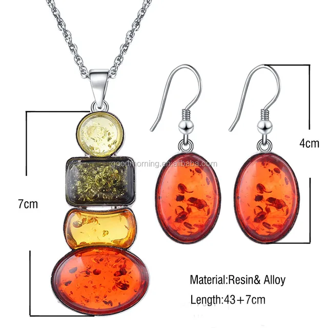 amber resin stone jewelry necklace earring set