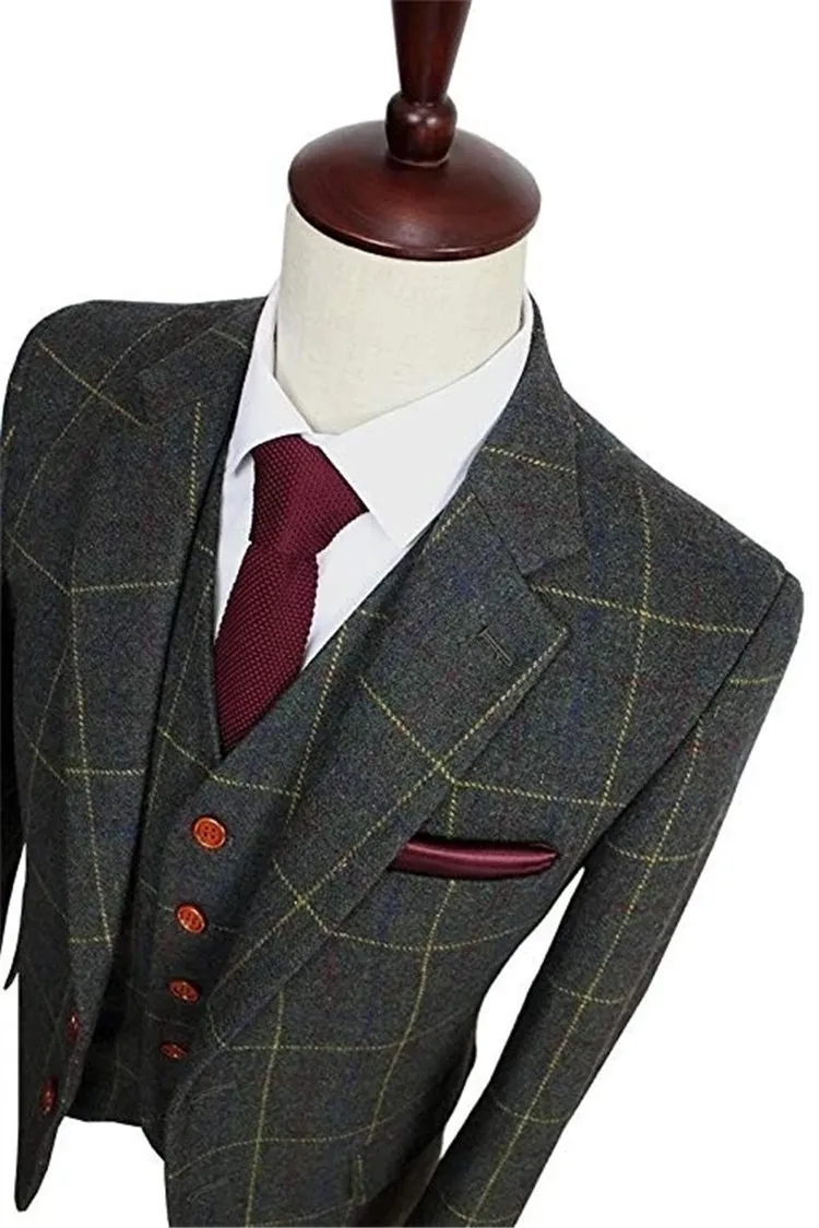 classic tweed herringbone wool blend men suit 3 pieces check