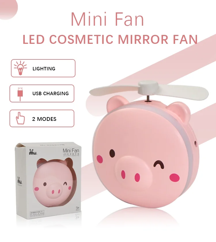 2019 new product pig  Holder Handheld Fan Makeup Mirror LED Mini Fan