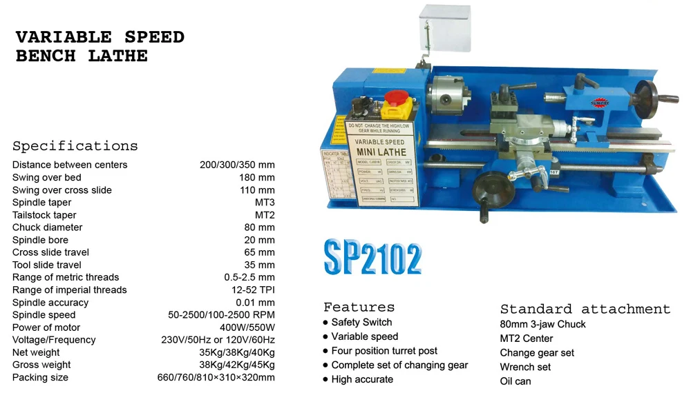 HOT SALE high-Precision Variable Speed Mini Metal Lathe SP2102