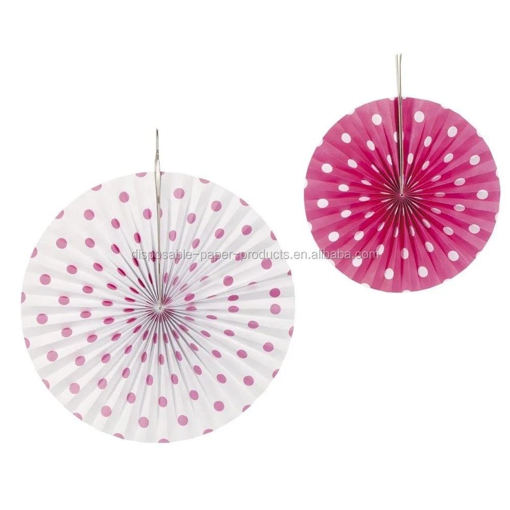 YiWu PartySupplier Hanging Ceiling PAPER Party Decoration HOT PINK WHITE POLKA DOT Paper Hanging Fans Wedding Decoration