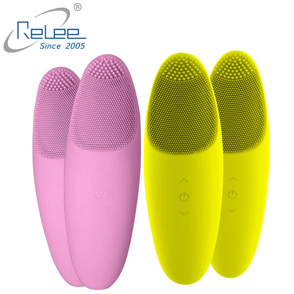 

Face-facial cleansing brush silicone facial scrubber electric face cleanser Brush with 56degree warm cleaning, Yellow;pink