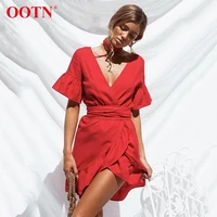 

OOTN Irregular Deep V Neck 2020 Summer Sun Dresses Female Short Sleeve Waistband Women Tunic Red Sundress Ruffled Mini Dress
