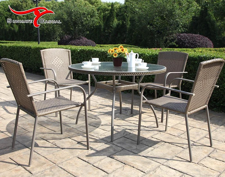 Bistro Restaurant Outdoor Patio Furniture Rattan Wicker Glass Top Round Dining Table and Chair Set