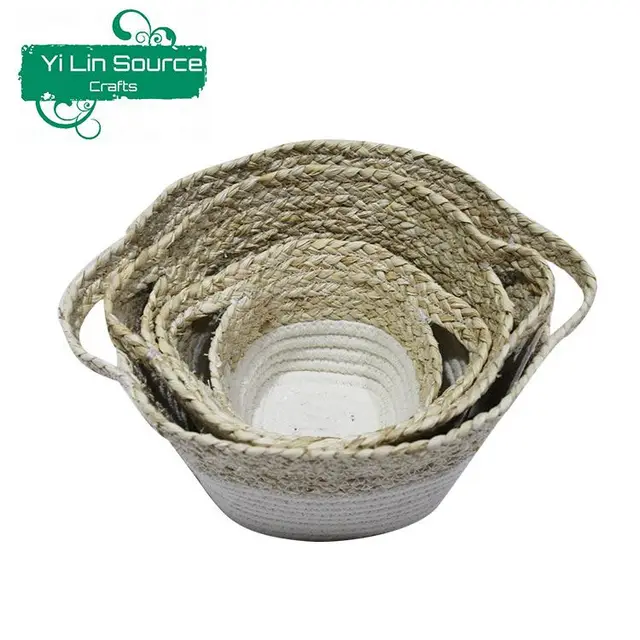hand sewing cotton rope corn husk storage basket