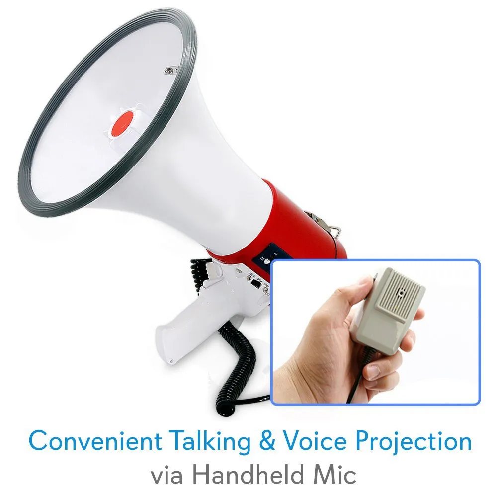 Megaphone 50-Watt Siren Bullhorn - Bullhorn Speaker w/ Detachable Microphone, Portable Lightweight Strap & Rechargeable Battery - ANKUX.COM