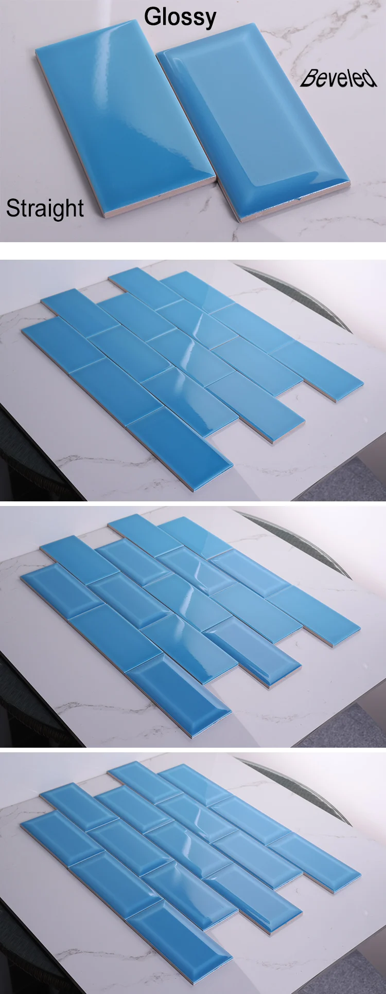 Sky blue 3x6 inch 7.5x15cm glossy beveled edge ceramic subway tile
