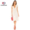 fabric & lining100% cotton solid crinkle woven v-neckline cap sleeve fully lined A-Line front button closure side slits dress