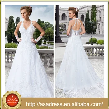 V13 Vintage V Neck Bridal Wedding Dress With Train Crystal Beaded