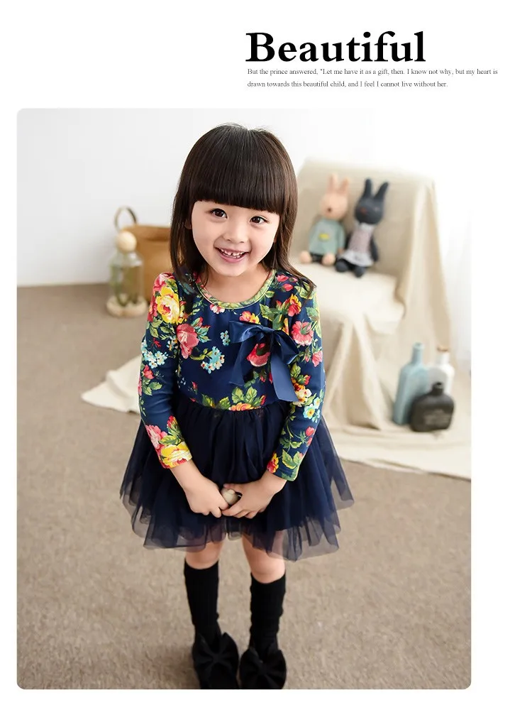 2015 New Autumn Girls Clothes Long Sleeve Flower Print Girl Dress For Party Wedding Children Kids Girl Floral Dress For School