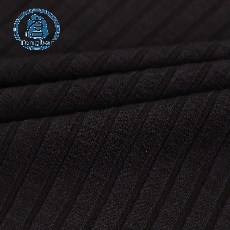 Ribbed sweater knit fabric plain dyed stripe black rayon spandex 2x2 knitted fabric rib for sweater