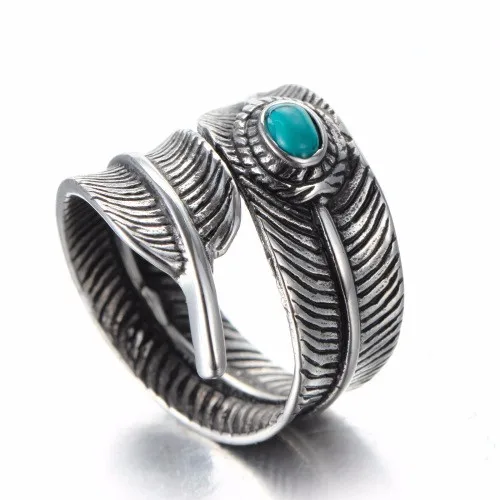 925 Sterling Silver Plated Men Vintage Feather With Blue Stone Biker Rocker Feather Adjustable Ring