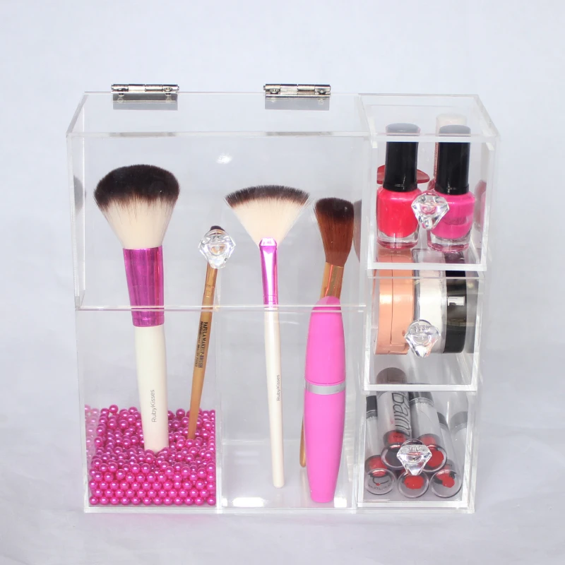Custom Hinged Lid Lifewit Clear Acrylic Makeup Brushes Holder Box Organizer With 3 Drawers Rosy Pearl Dec Pink , Buy Makeup Brushes Holder,Lifewit