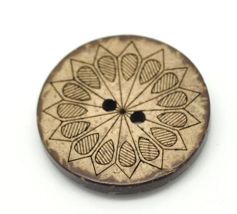 Free shipping-30PCs Brown Pattern 2 Holes Round Coconut Shell Sewing Buttons 28mm(1 1/8")18mm,M00806