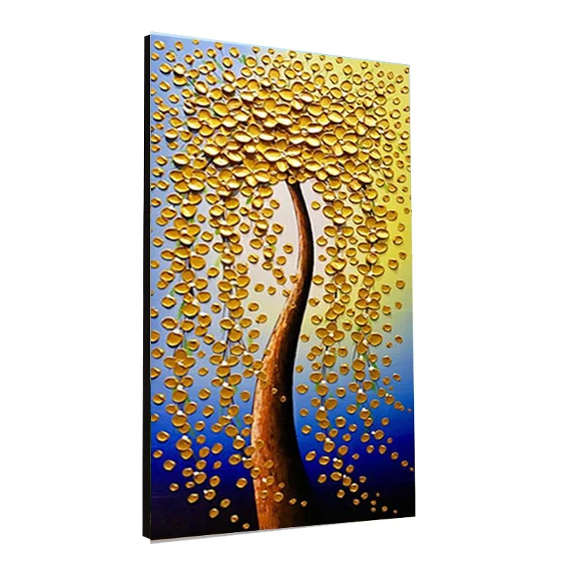 Pintura de acrílico de oro flores abstracto árbol paisaje pintura al óleo de color cálido de pintura decorativa