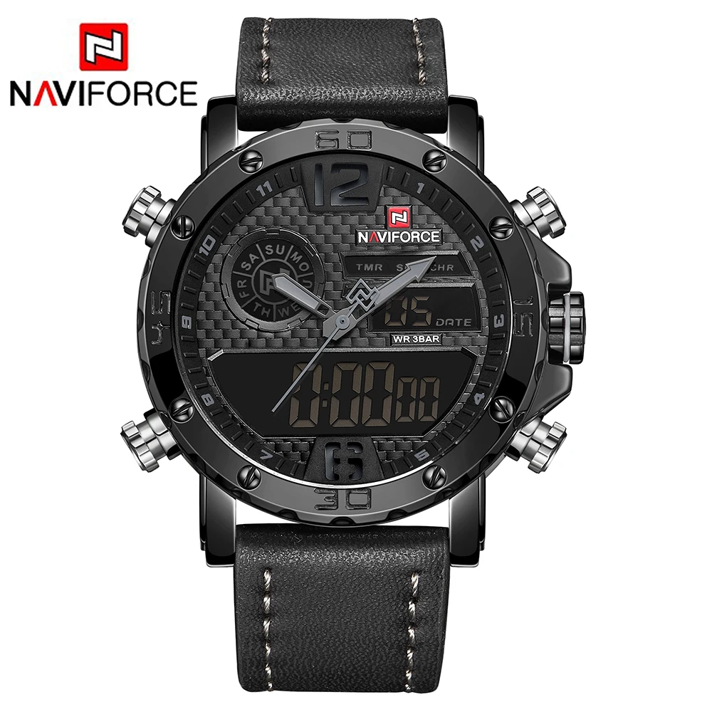 

New Naviforce 9134 Men Wrist Watches Military Dual Time Analog Led Clock Waterproof Sports Leather Luxury Digital Quartz Watch
