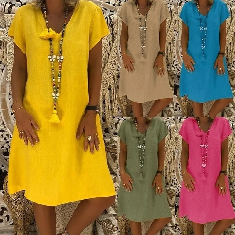 Spring New Casual V-Neck Cotton and Linen Dress Women Summer Style Feminino Vestido T-shirt Cotton Casual Plus Size Ladies Dress
Spring New Casual V-Neck Cotton and Linen Dress Women Summer Style Feminino Vestido T-shirt Cotton Casual Plus Size Ladies Dress