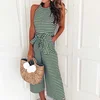Women sexy stripes and round collar Jumpsuit Ladies Casual Striped Waist Belted Wide Leg pants