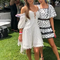 

2019 wholesale fashion ladies off shoulder sexy V neck criss-cross lace up mesh lace pompom mini skirt women casual dress