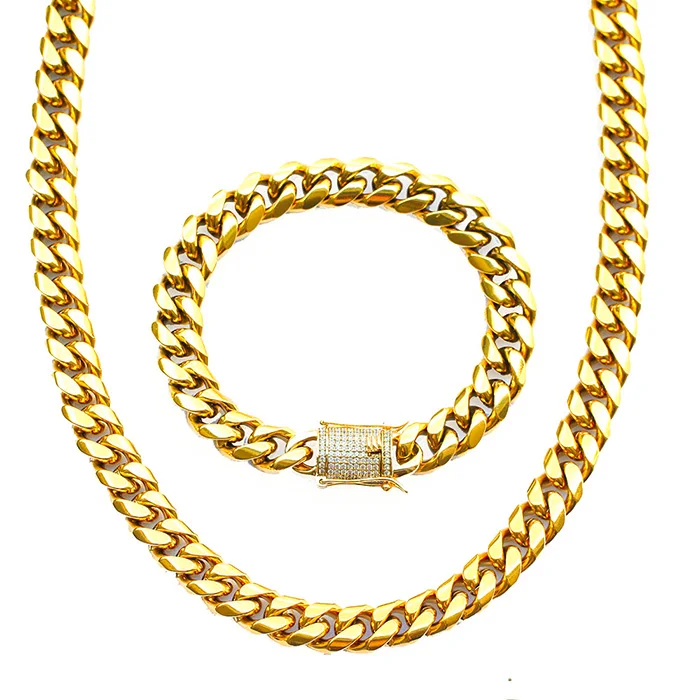 

Hip Hop Jewelry 8 Gram Men Gold Chains, 12mm Set PVD Miami Gold Cuban Link Chain, 14k/18k gold/stainless steel color