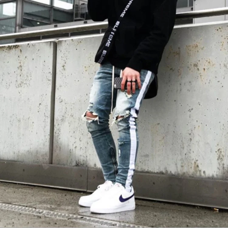 New trend men's biker jeans high street retro white strip knees big destruction hole made old slim side zipper jeans, Picture color
New trend men's biker jeans high street retro white strip knees big destruction hole made old slim side zipper jeans, Picture color