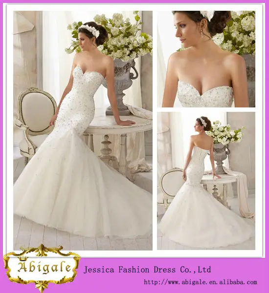 2014 nueva llegada blanco elegante novia sirena de espalda de encaje