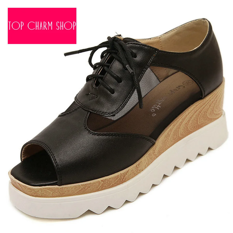 Women Summer Style Sandals Open Toe Shoes Sexy Fashion Vintage Shoe Platform Wedge Sandals Net Surface Hollow Out Lace-Up Sandal